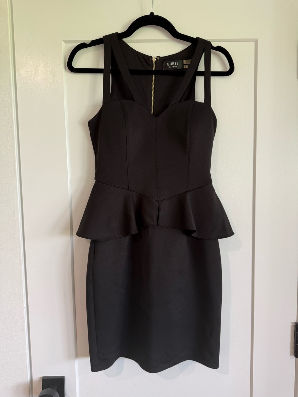 Guess Black Peplum Midi Dress with Gold Zip Detail